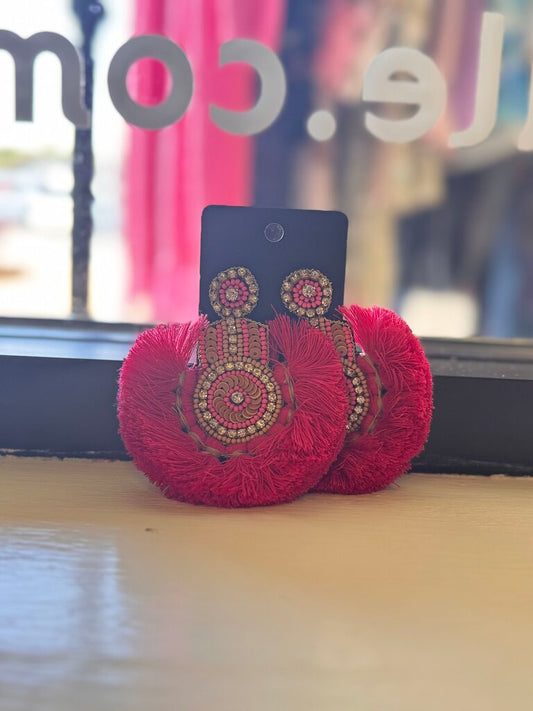 Fuschia Boho Tassel Multi Beaded Earrings