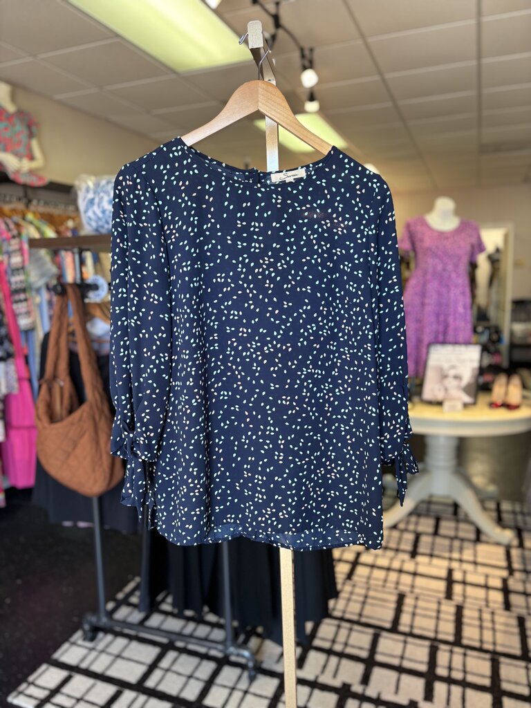Serein - Dotted Open Sleeve Blouse - Navy
