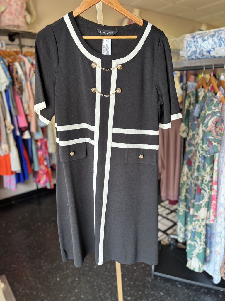 Ming Wang- Button Detail Black/White Contrast Trim Dress