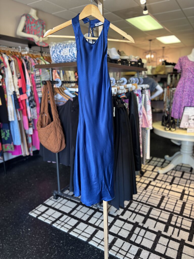 Zara -NWT Blue Silky Mini Dress w. Rhinestone Detail