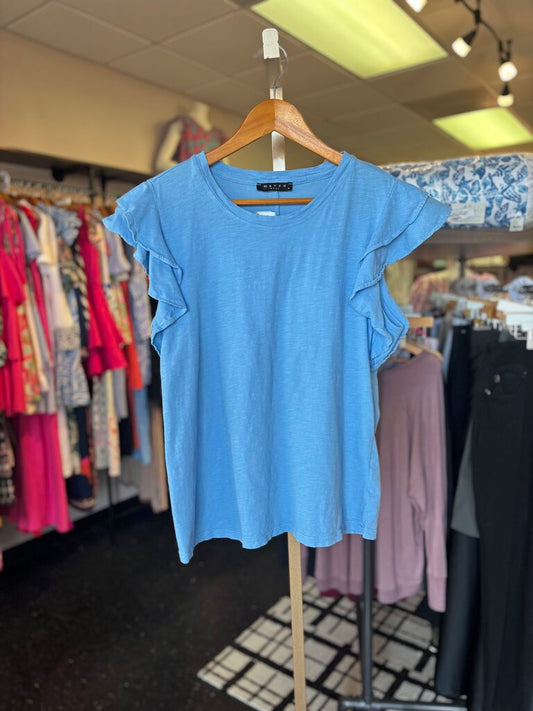 Maven West - Ruffle Sleeve Round Neck Top - Blue