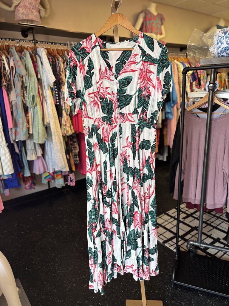 Tropical Print Button Down Maxi Dress