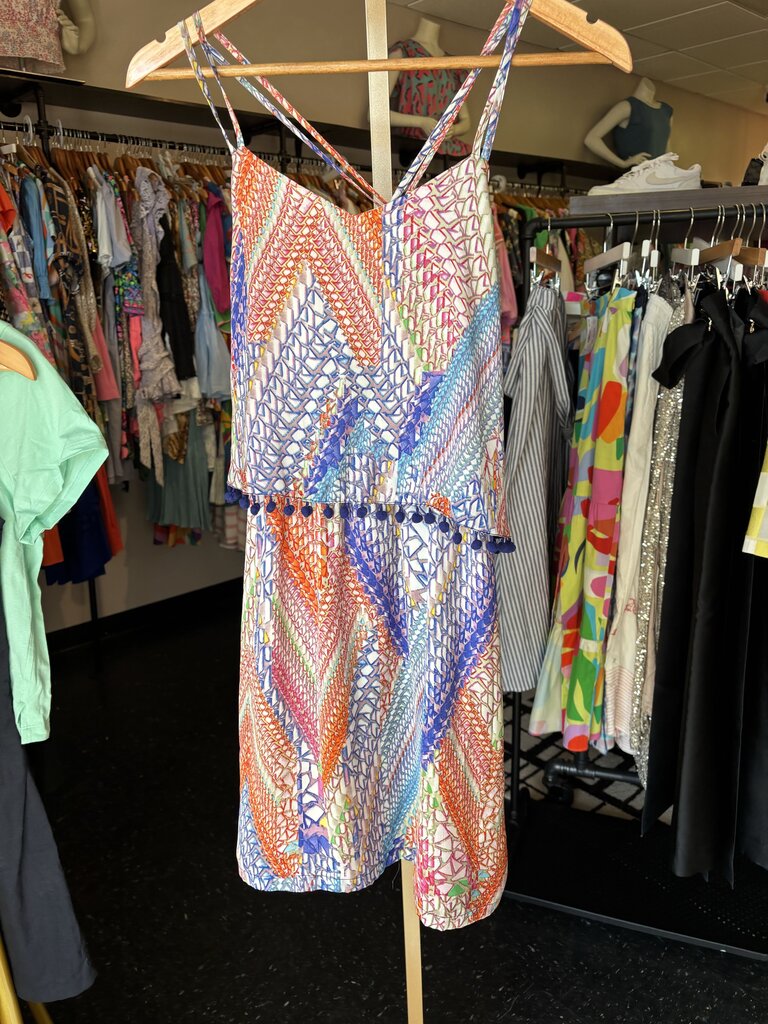 JoyJoy- Spaghetti Strap Popover Dress with Geometric Pattern