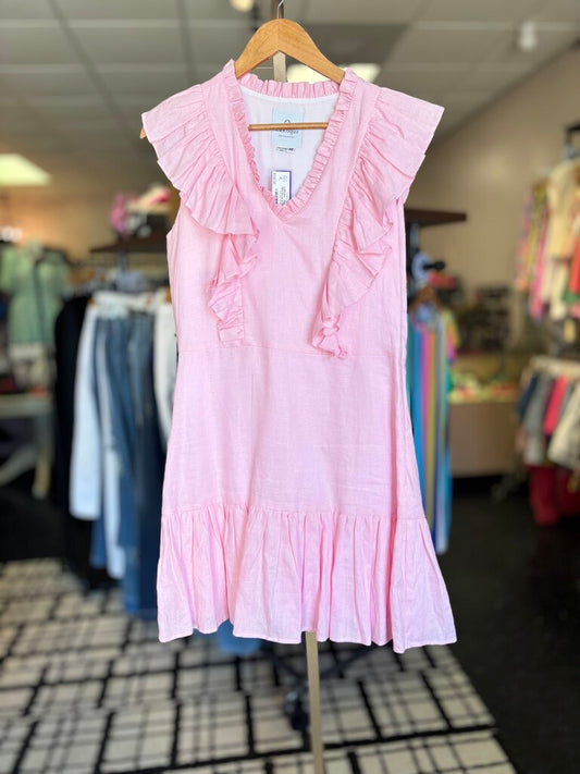 LaRoque - Ruffle Detail Linen Mini Dress in Pink