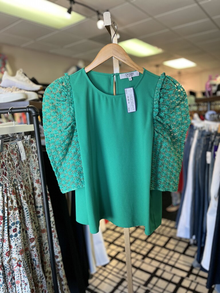 Crosby- Puff Sleeve Blouse w. Lace Detail - Green
