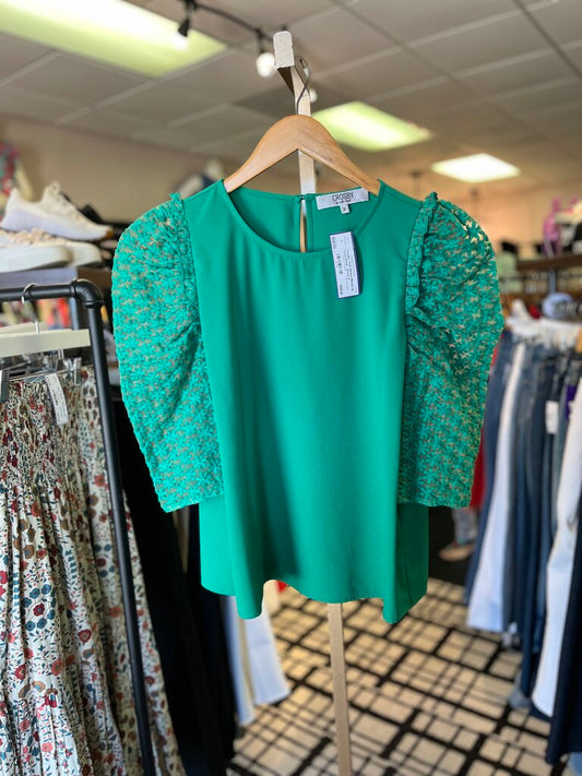 Crosby- Puff Sleeve Blouse w. Lace Detail - Green
