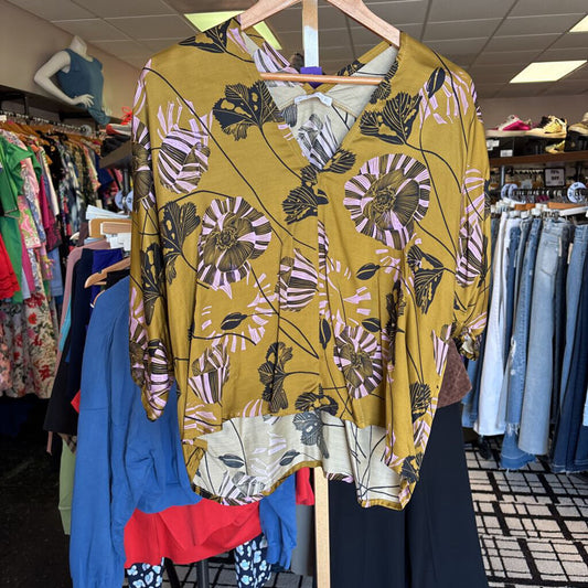 Karlie - Satin Blend Floral Top in Olive