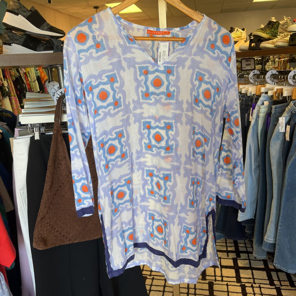 Oliphant - 3/4 Sleeve Tunic in Blue Ikat Print