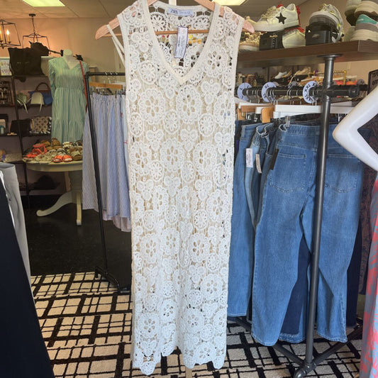 Zara- Macrame Knit Midi Dress in Ecru White