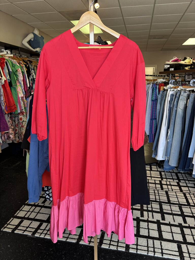 Vilagallo - Midi Dress with Ruffle Trim - Red/Pink