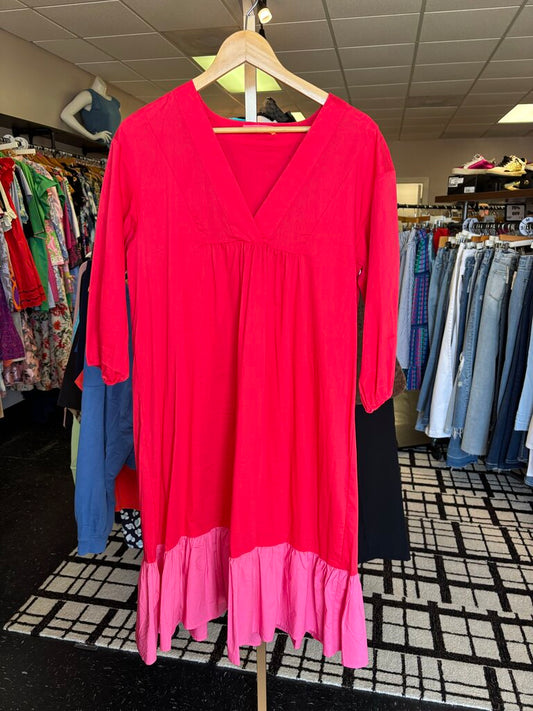 Vilagallo - Midi Dress with Ruffle Trim - Red/Pink