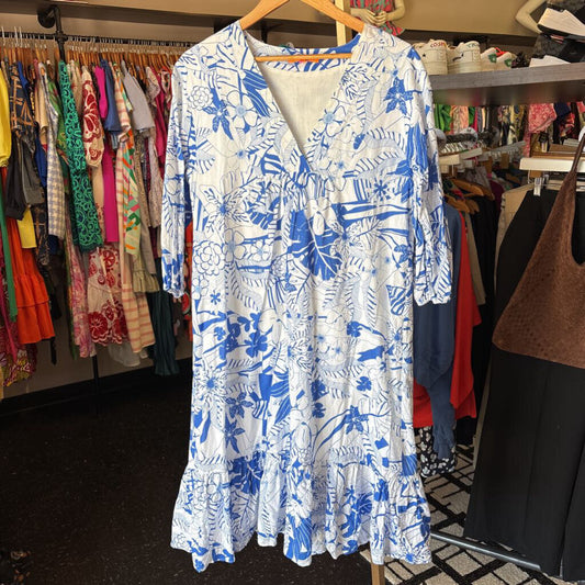 Vilagallo - Midi Dress with Ruffle Trim in Blue Floral Print