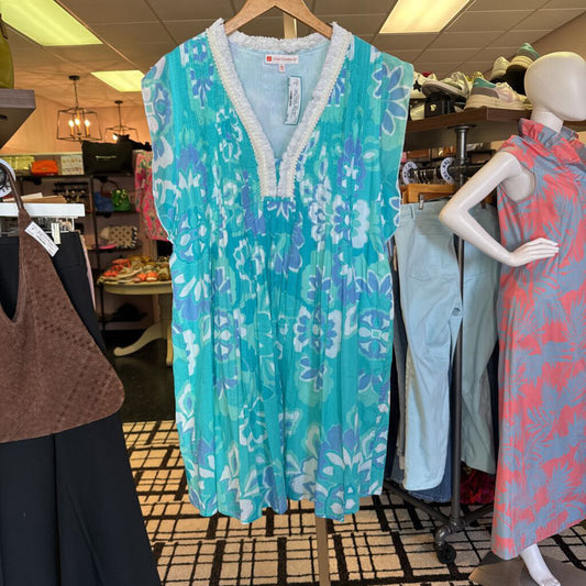 Jude Connally - Blue Floral Cotton V-Neck Dress