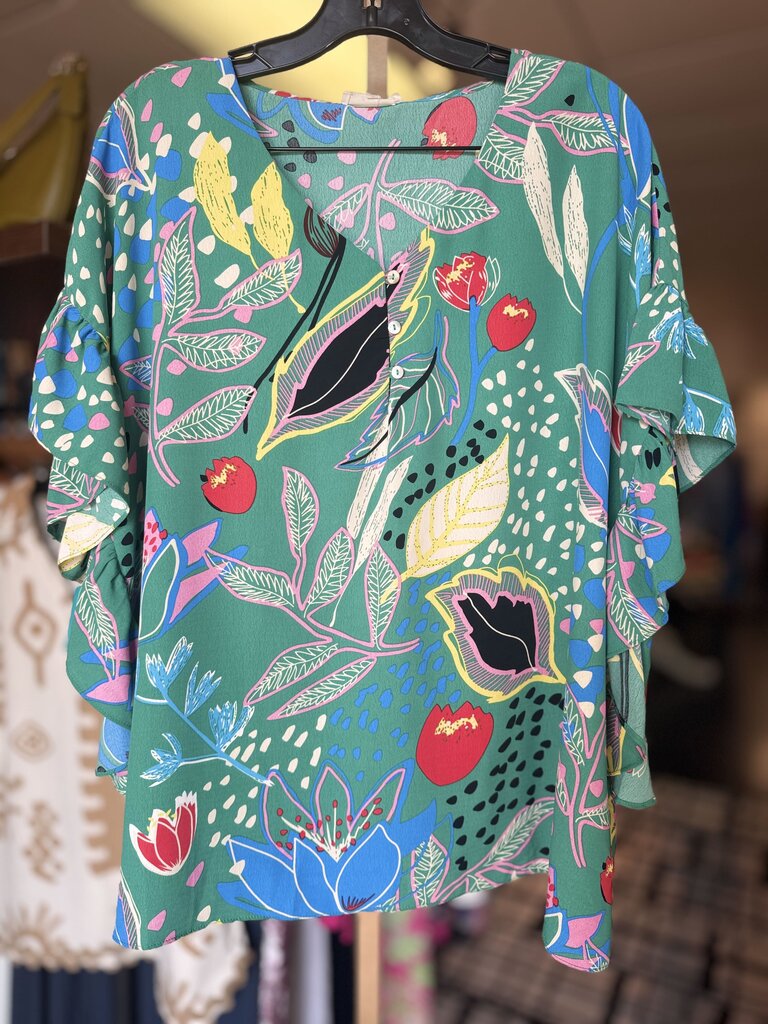 Easel - Floral Print Top - Green