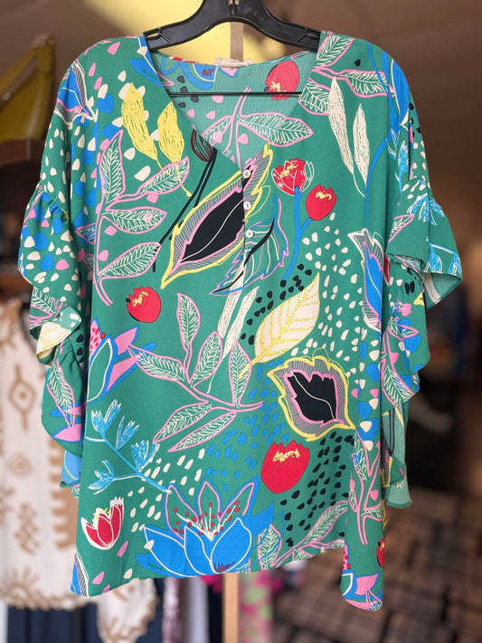 Easel - Floral Print Top - Green