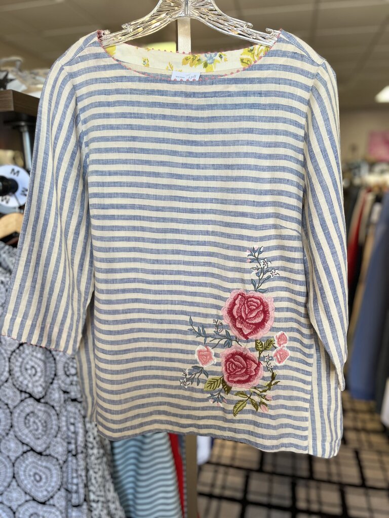 J.Jill - Embrodiered Striped Linen Tunic - Blue