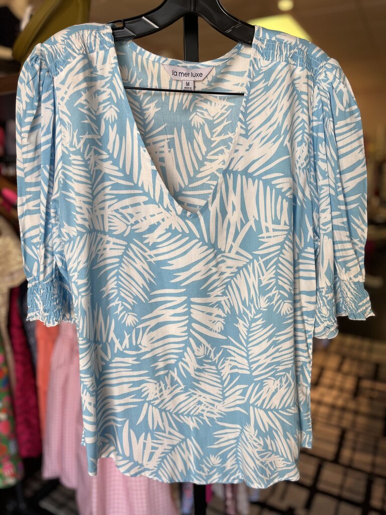 La Mer Luxe - V-Neck Top w. Tropical Print - Blue