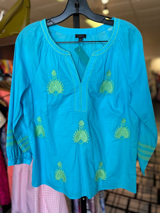 Talbots - LS Boho Embroidered Top in Aqua