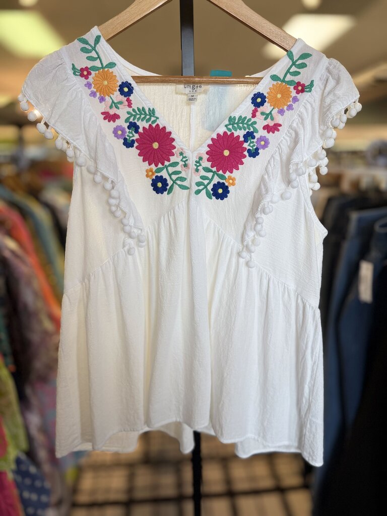 Umgee - Floral Flutter Sleeve Top - White