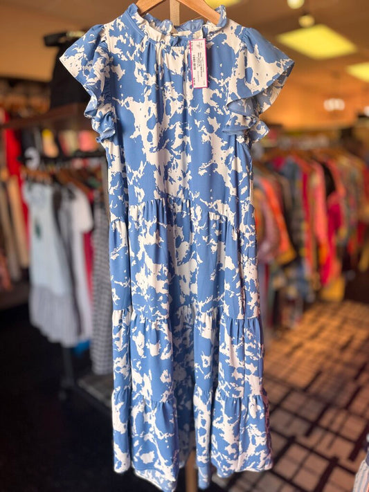 Pinch- Tiered Midi Dress - Blue/White