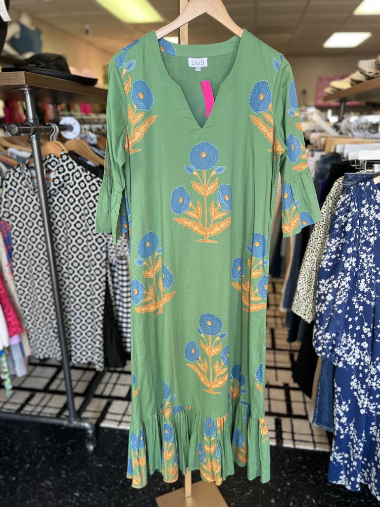Livro - V-Neck Green Printed Ruffle-Hem Maxi Dress