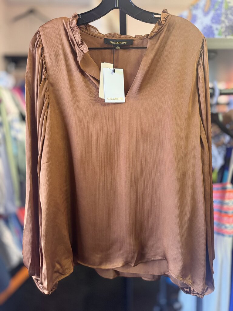 Sugarlips NWT -Hathaway Split Neck Top - Chocolate