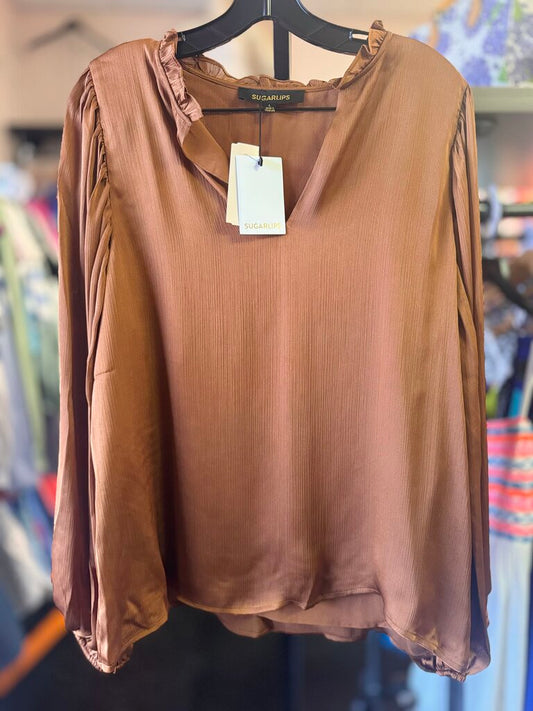 Sugarlips NWT -Hathaway Split Neck Top - Chocolate
