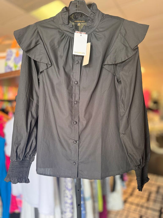 Sugarlips NWT-Malbec Ruffle Poplin Blouse - Black