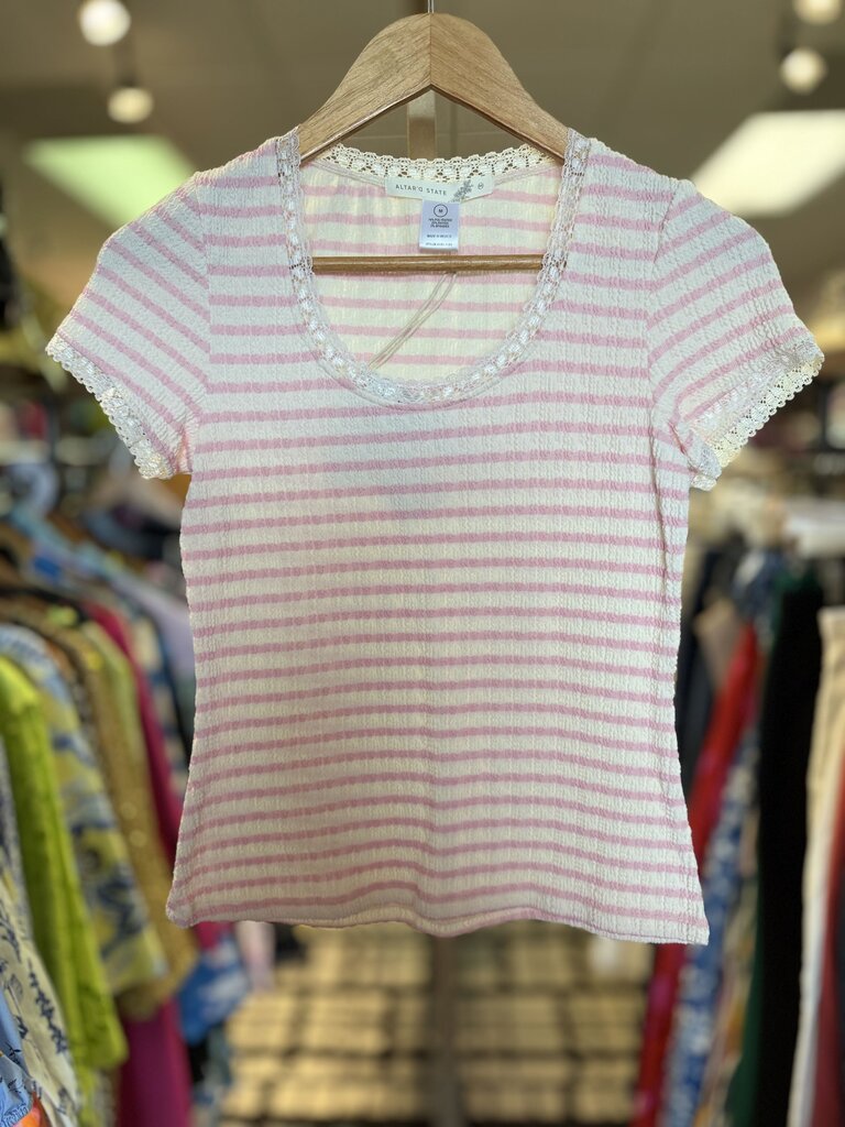 Altar'd NWT-Shivani Striped Lace Trim Tee
