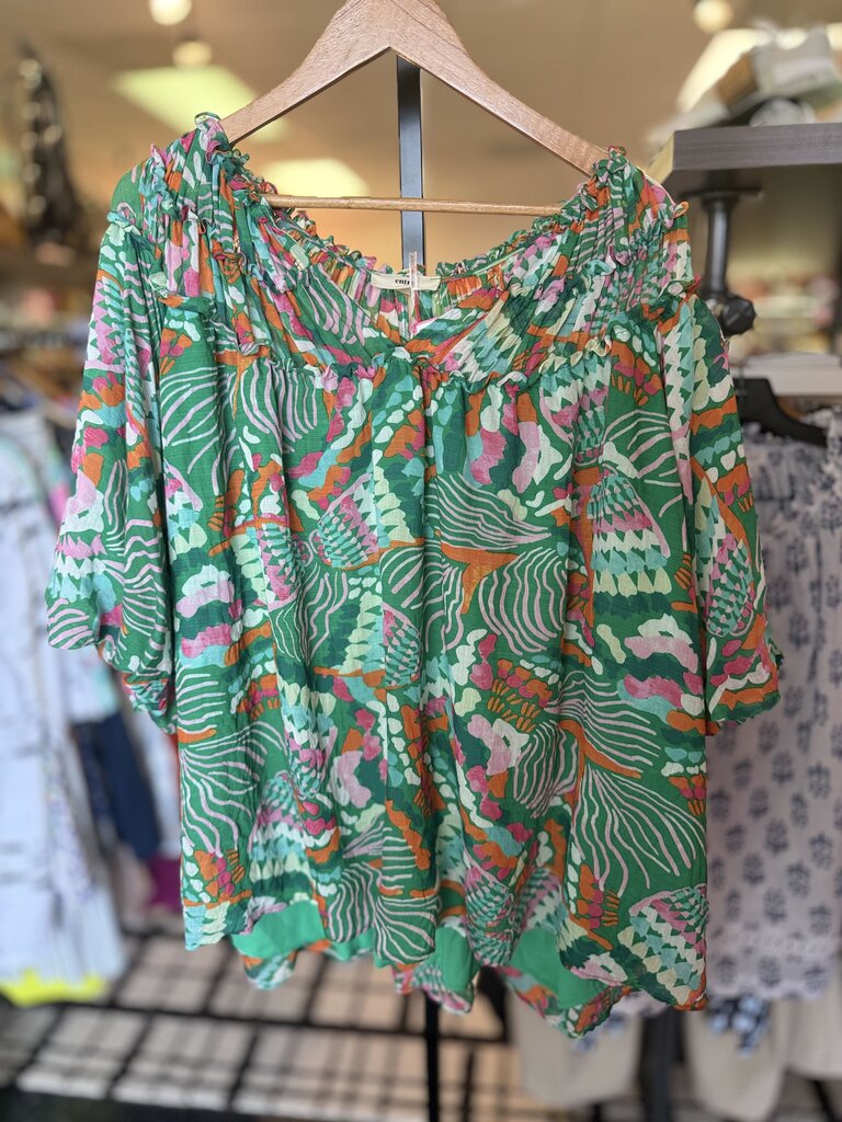 Entro - Puff Sleeve Tropical Top - Green