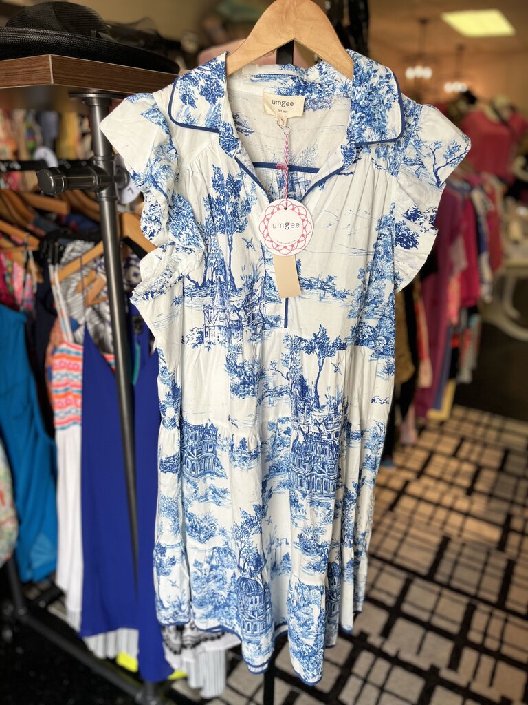 Umgee- NWT Flutter Sleeve Toile Dress- Blue/White