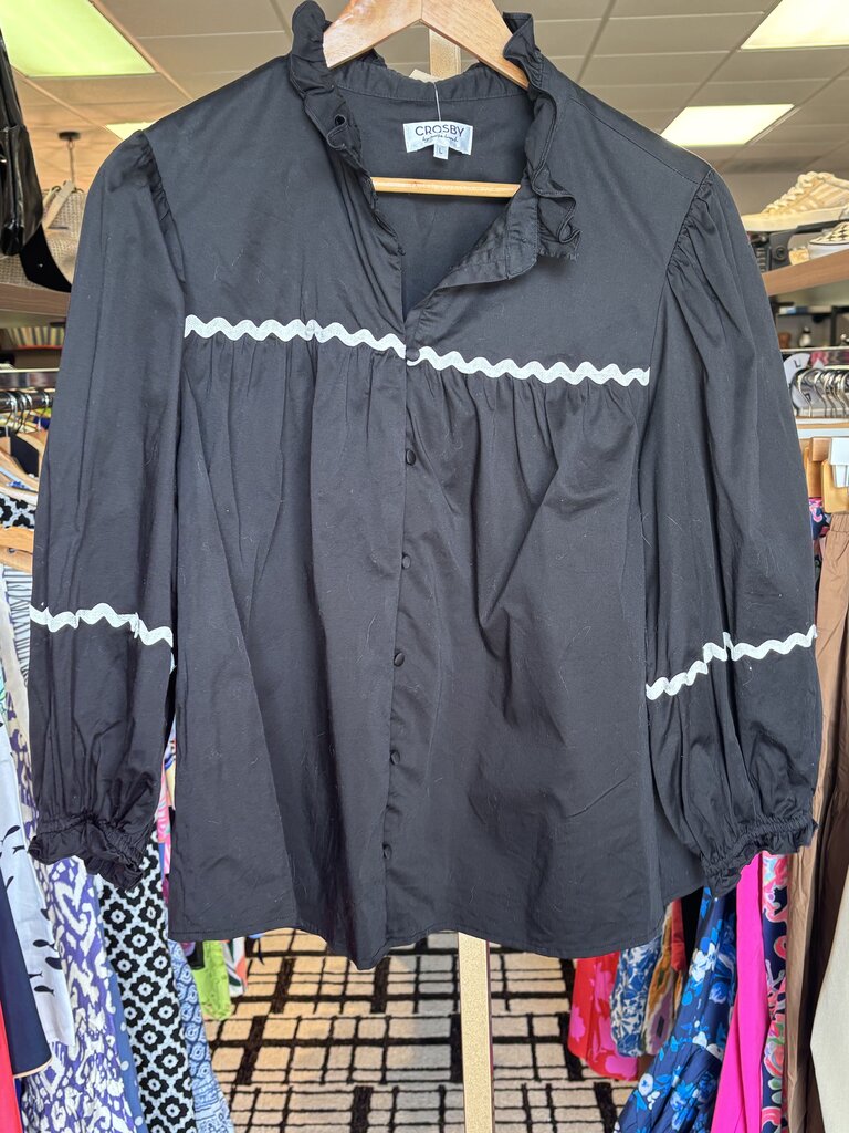 Crosby - Button Down Blouse w. RicRac Detail - Black