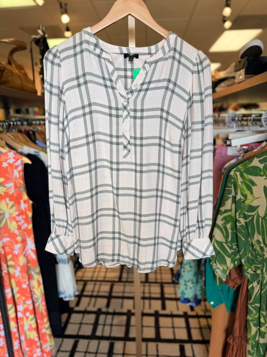 Talbots-Plaid Button Front Popover - Pink/Gray
