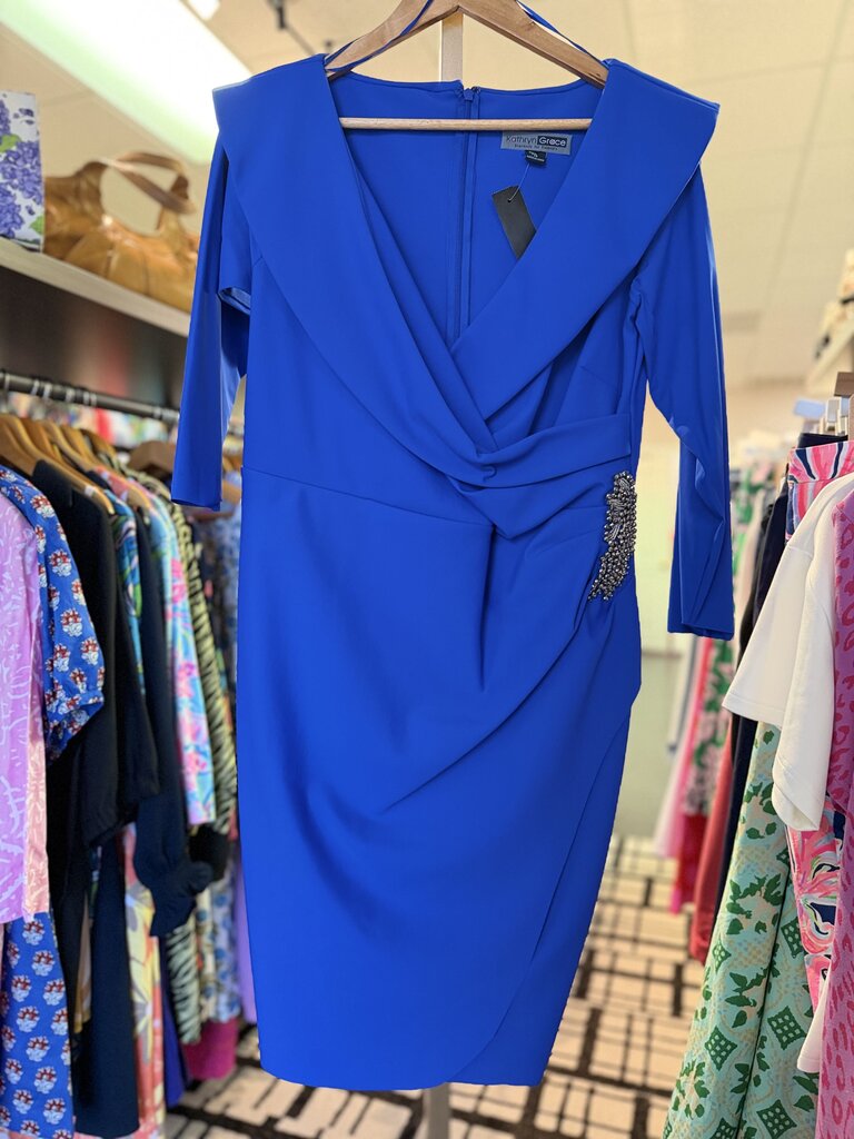 Kathryn Grace- Blue Wrap Cocktail Dress with Side Brooch Detail
