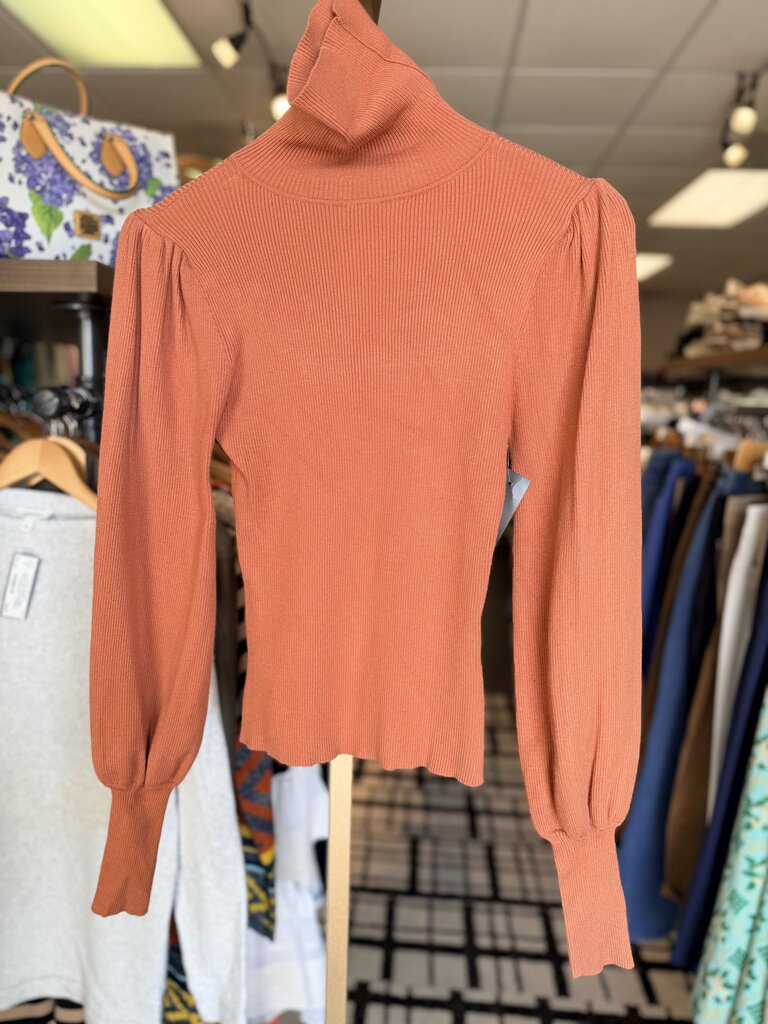 Love Tree - Ribbed Turtleneck Balloon Sleeve Sweater - Brown