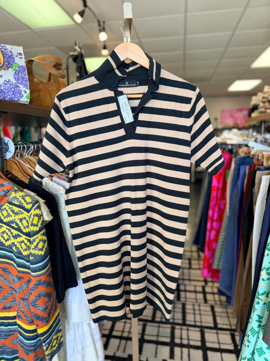 Pomander Place - Knit Collared Dress in Black/Tan Stripes