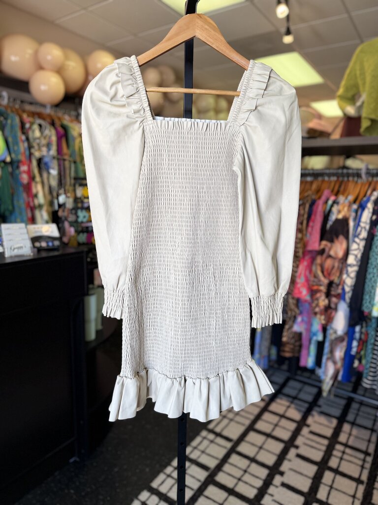 7 for All Mankind - Vegan Leather Smocked Mini Dress in Cream
