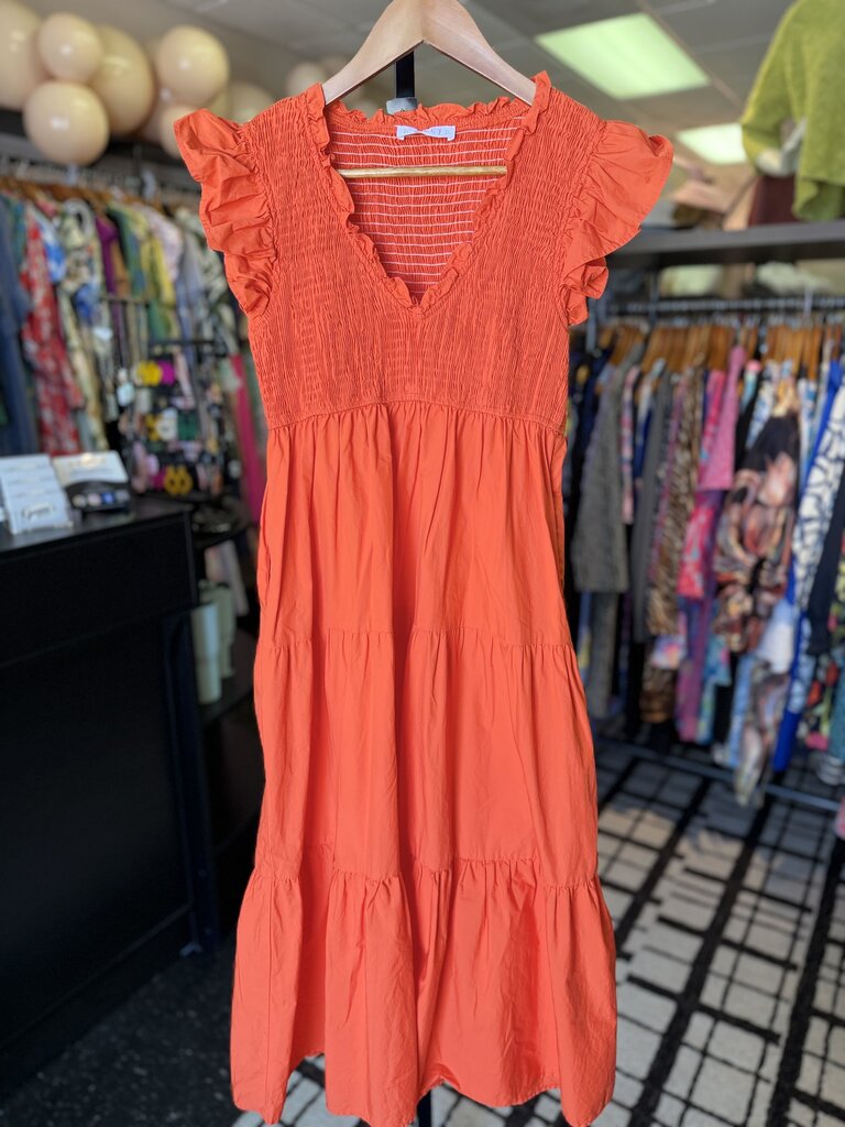 Karlie - Smocked V-Neck Poplin Maxi Dress - Orange