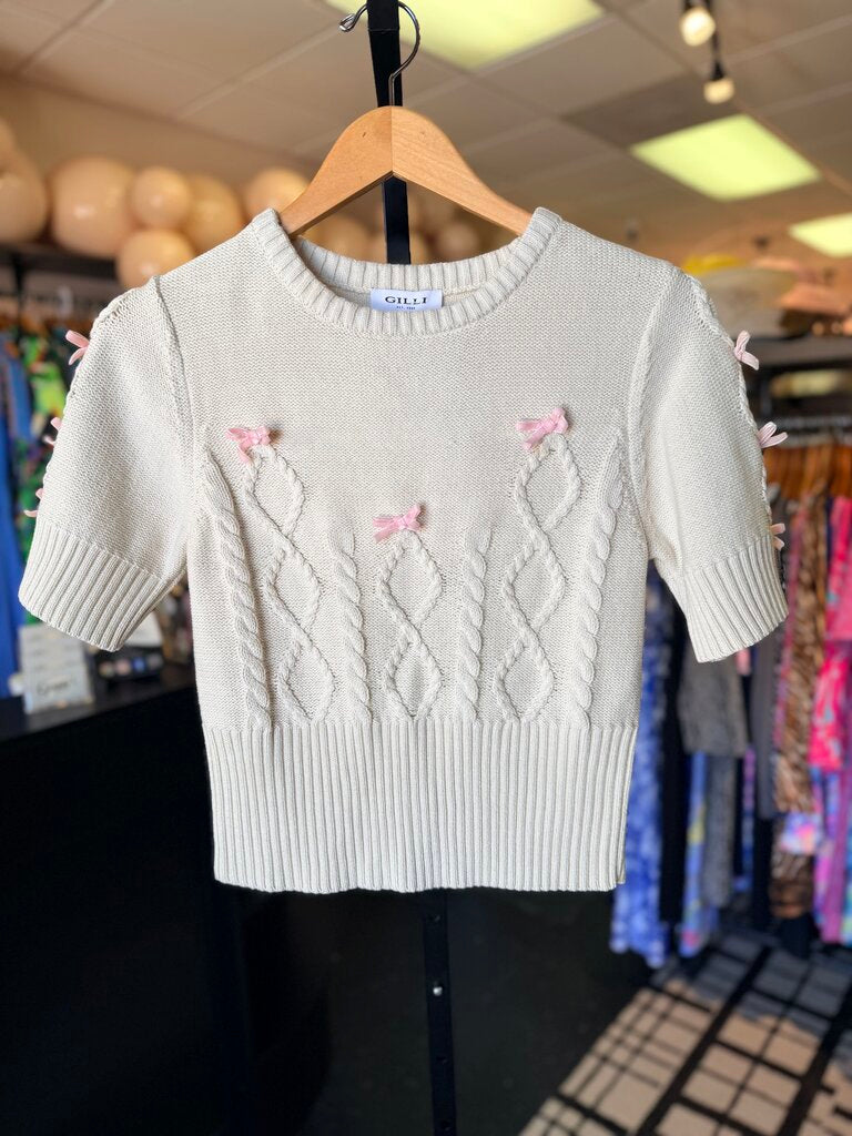 Gilli - SS Knit Sweater w. Bow Details - Cream