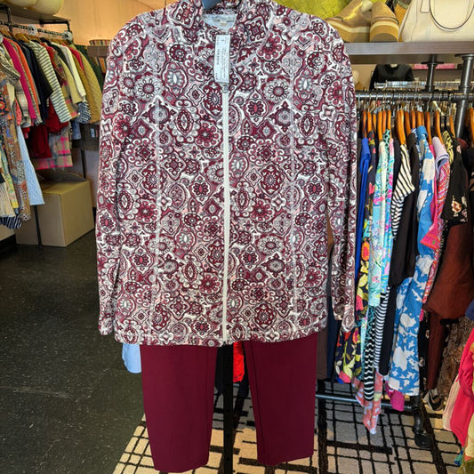 Talbots - Full Zip Paisley Knit Jacket and Pants Set - Burgandy