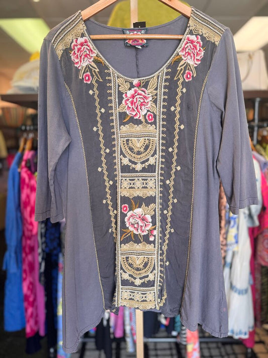 Johnny Was - Embroidered Knit Tunic Top - Grey