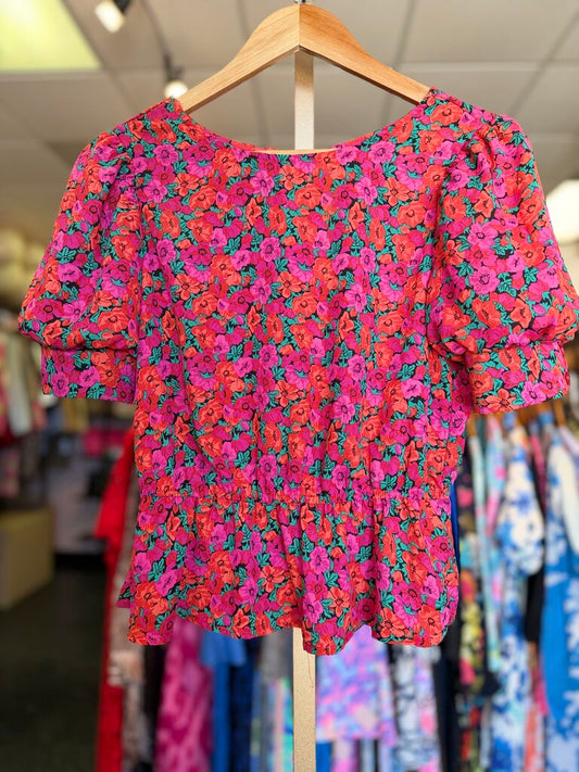 Mi Ami - Puff Sleeve Peplum Top in Floral Print