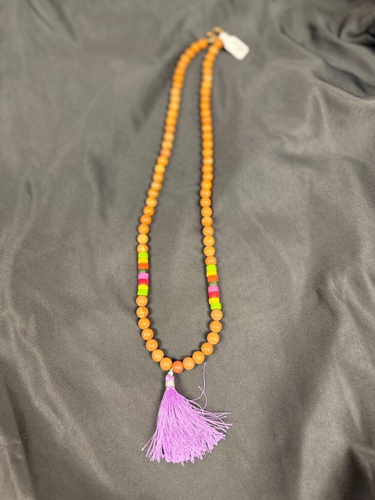 Beaded Mala Necklace w. Purple Tassel