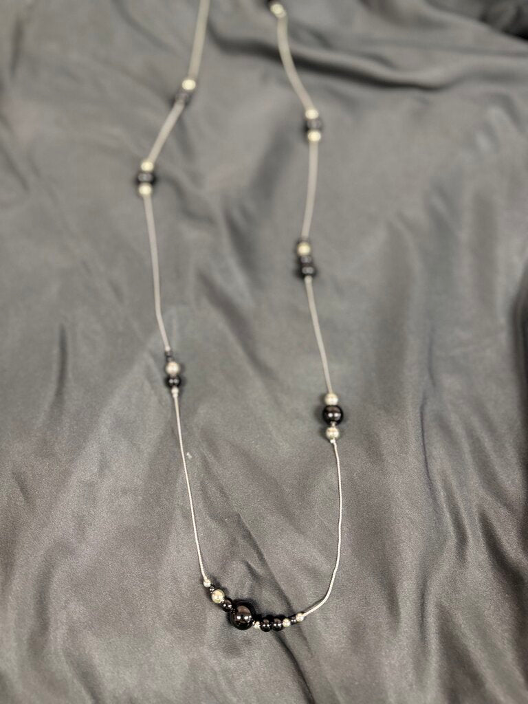 Long Silver Necklace w. Black & Silver Beading