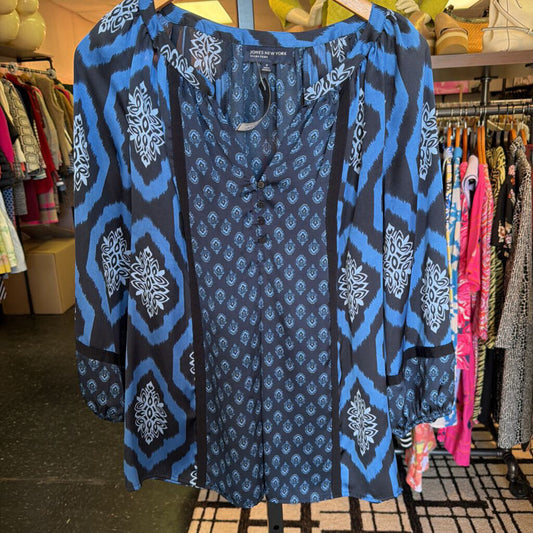 Jones NY - Satin Blend Blouse w. Geometric Print - Navy