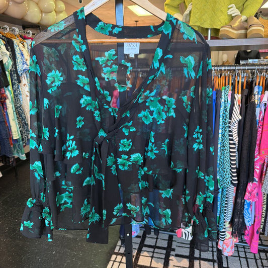 Misa LA - Sheer Ruffled Blouse w. Green Floral Print