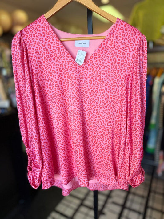 Adrienne - Ruched Sleeve Pink Leopard Print Top