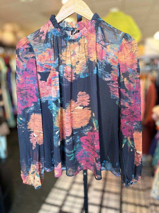 Renuar - Abstract Print High Collar Blouse w/ Cami