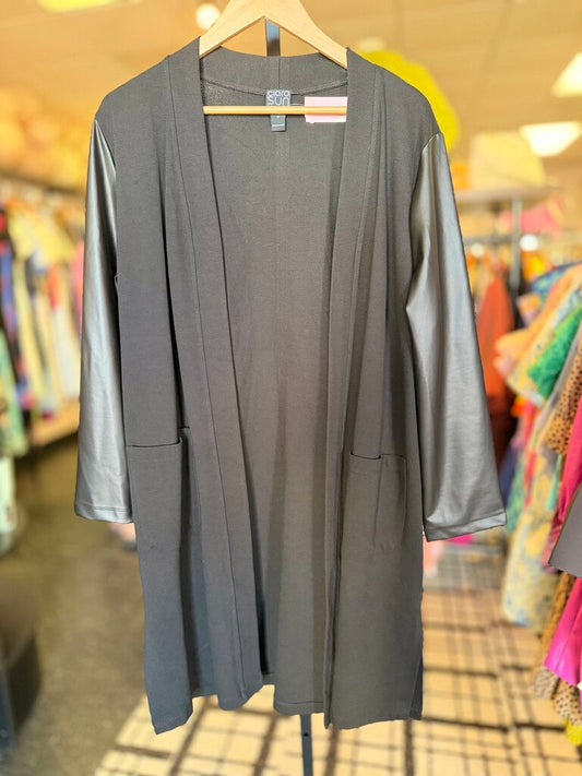 Clara Sun Woo - Black Knit Cardigan w/ Liquid Leather Sleeves