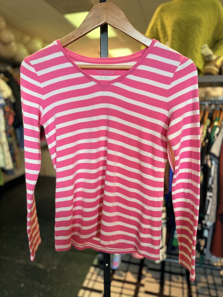 Talbots - Cotton V-Neck Tee LS - Pink Stripes